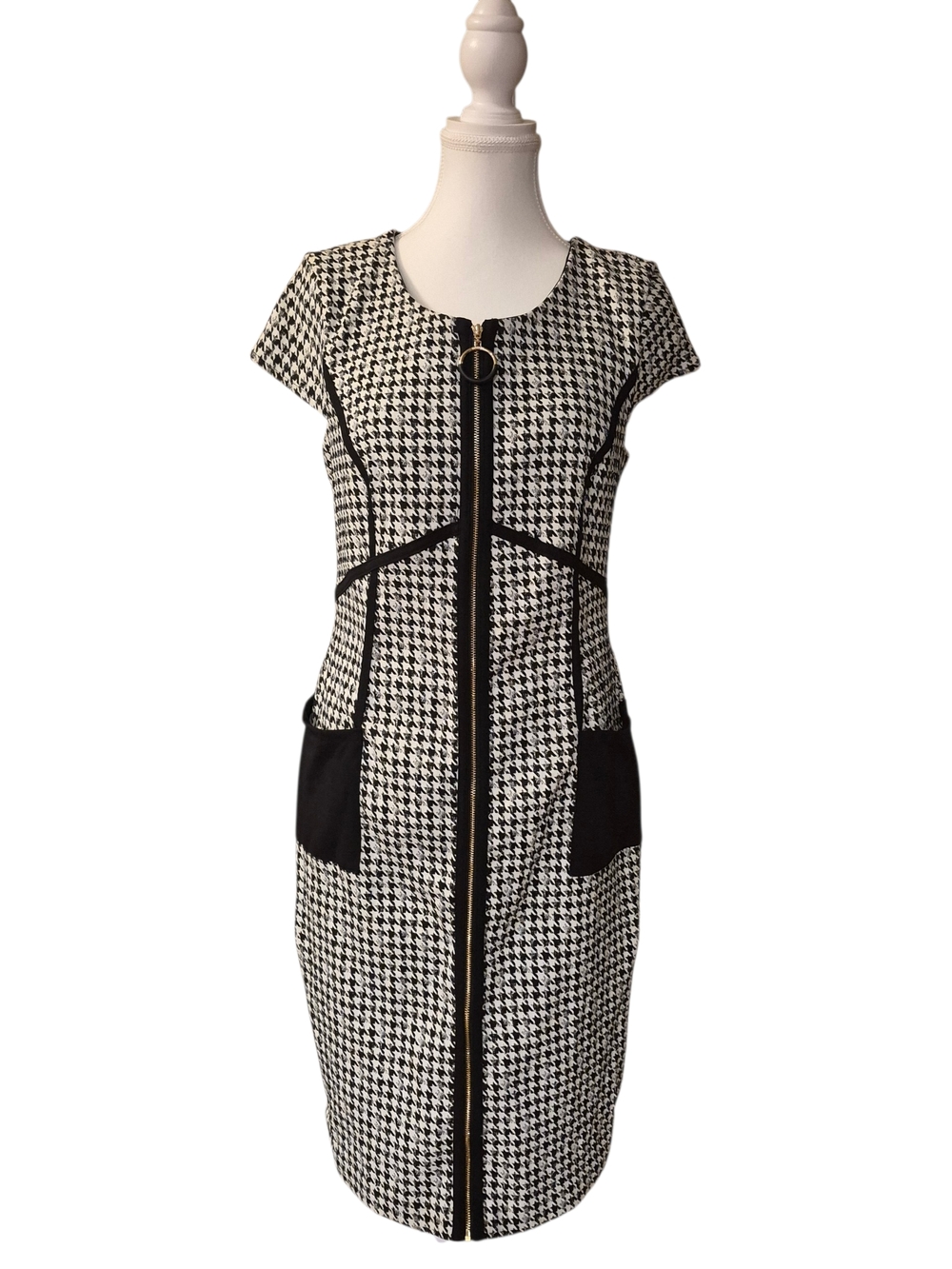 DKNY Black & White Houndstooth Zip-Front Midi Dress